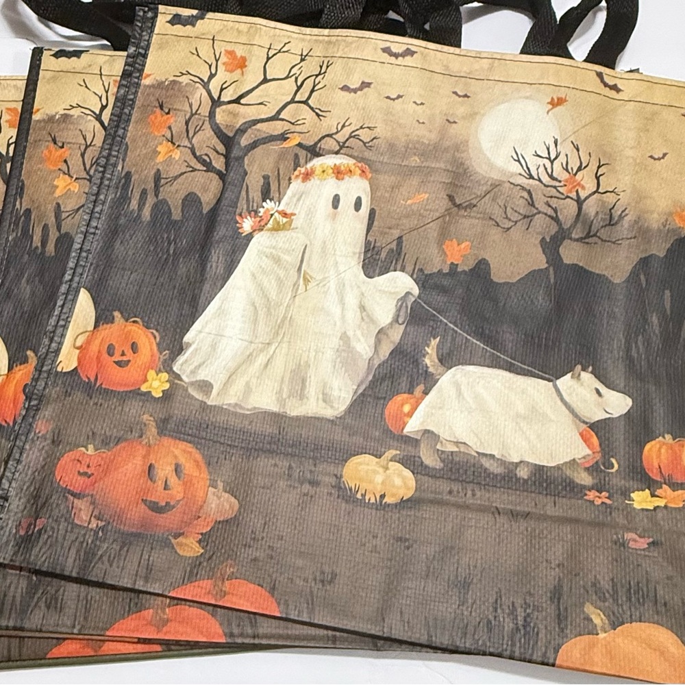 TJ Maxx HomeGoods Halloween Reusable Shopping Tote Bag Ghost With Dog & Pumpkins